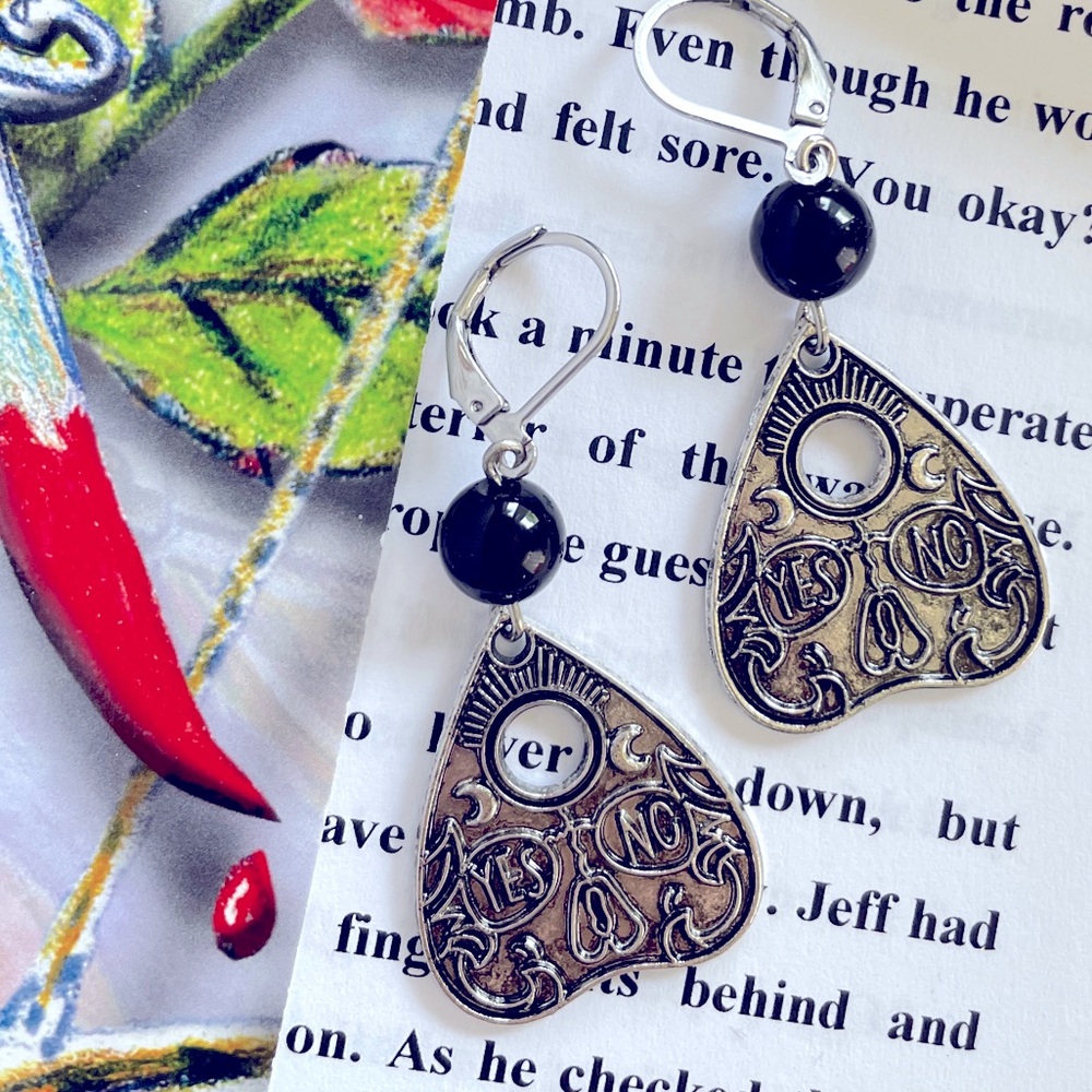 YES/No Ouija Skull Dangle Earrings with Stone Bead